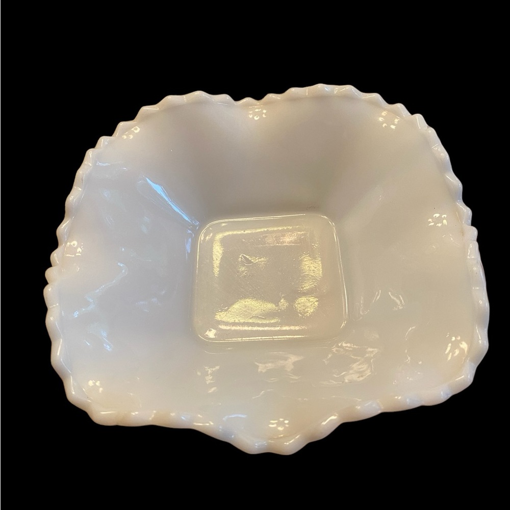 Vintage Hazel Atlas Diamond Ruffled Edge Milk Glass Candy Dish